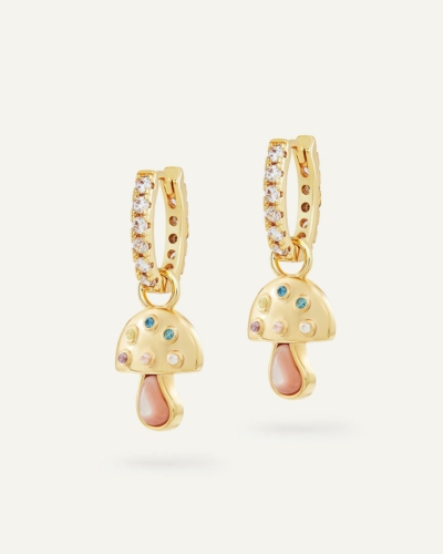 The Wonderland Gold-Plated Huggie Earrings with Pink Pearl Mushroom Charm