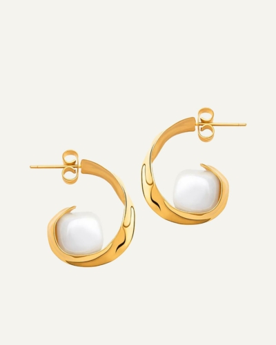 Mini Crest Hoops Gold-Plated Earrings with a Single Pearl