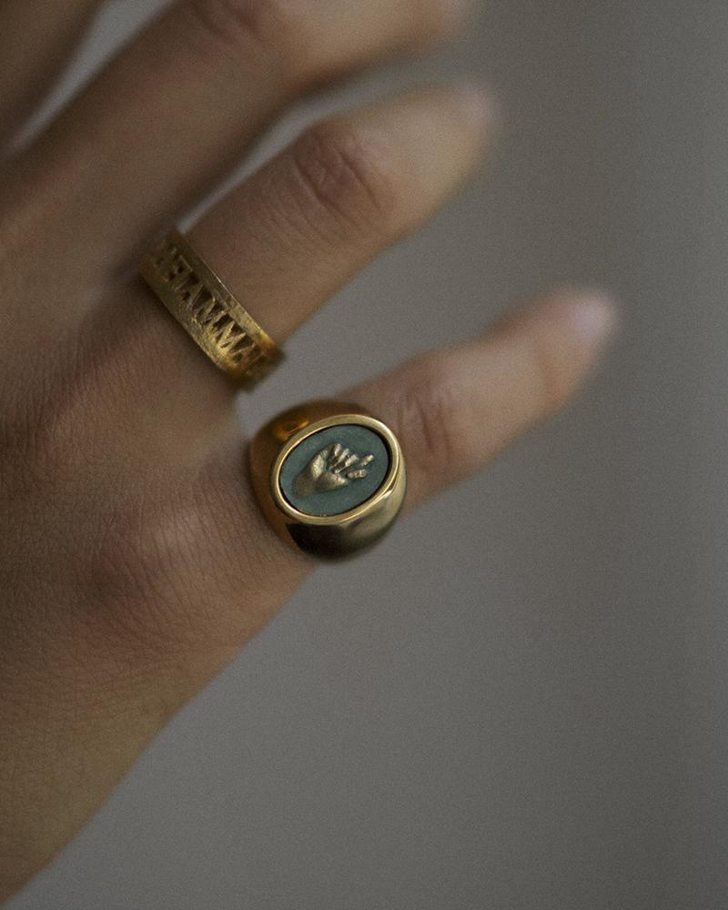 Gold-Plated Patinated Signet Ring Mano Figa