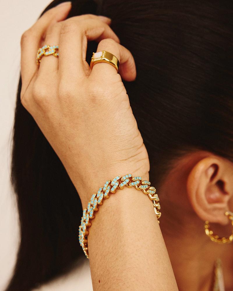 Mexican Chain Gold-Plated Cubic Zirconia Bracelet - Mykonos blue