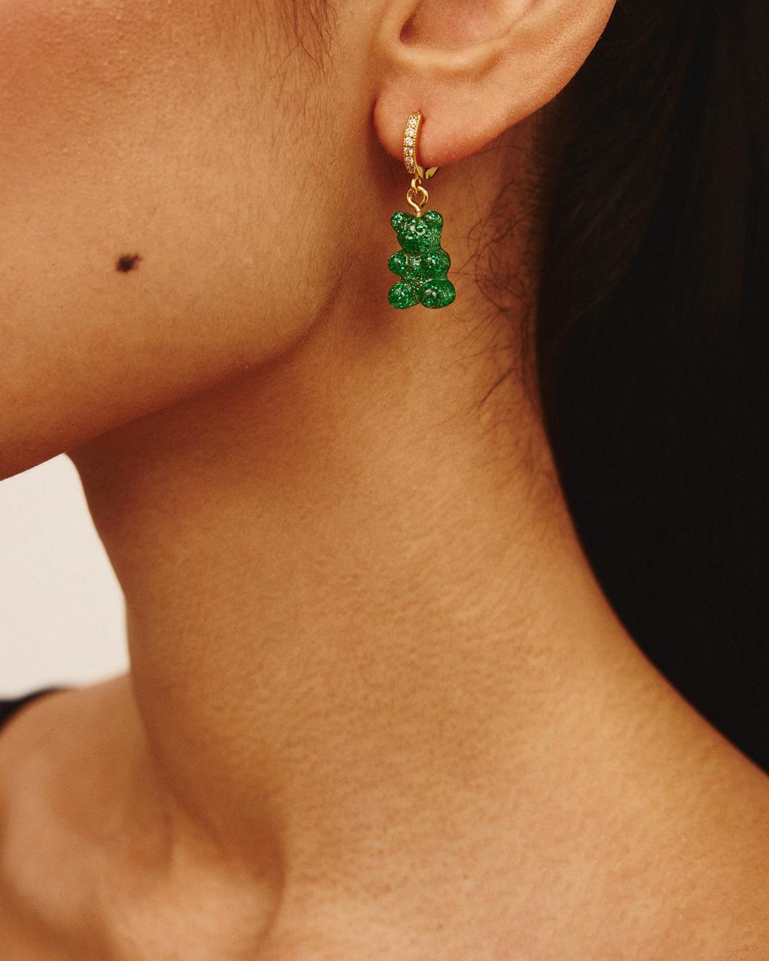 Nostalgia Bear Gold-Plated, Resin and Cubic Zirconia Single Hoop Earring - Green Haze