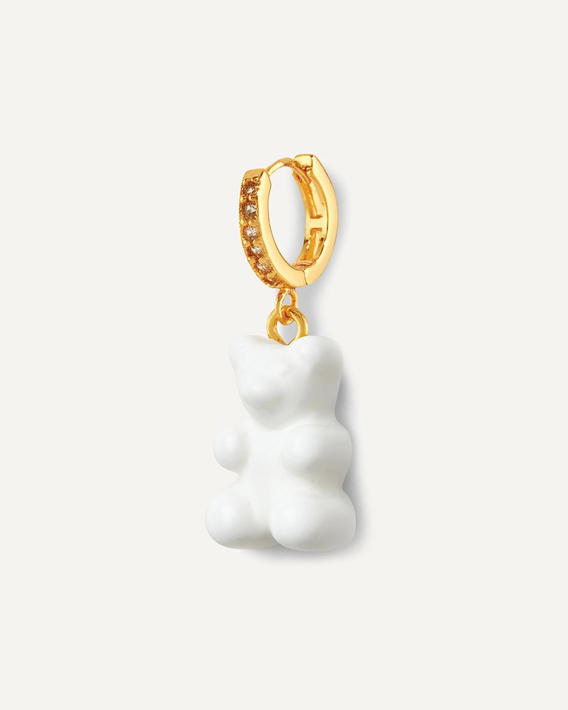 Nostalgia Bear Gold-Plated, Resin and Cubic Zirconia Single Hoop Earring - Powder