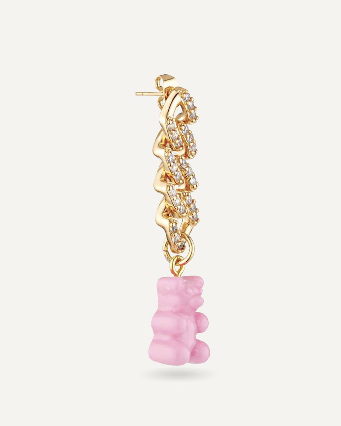 Nostalgia Bear Gold-Plated, Resin and Cubic Zirconia Single Hoop Earring - Candy pink
