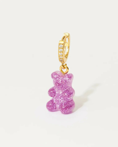 Nostalgia Bear Gold-Plated, Resin and Cubic Zirconia Single Hoop Earring - Magenta