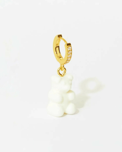 Nostalgia Bear Gold-Plated, Resin and Cubic Zirconia Single Hoop Earring - Powder