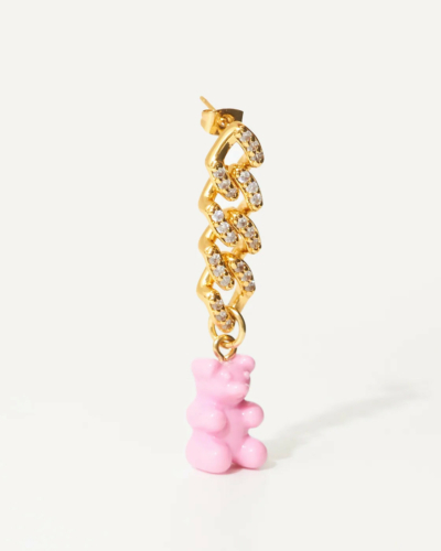 Nostalgia Bear Gold-Plated, Resin and Cubic Zirconia Single Hoop Earring - Candy pink