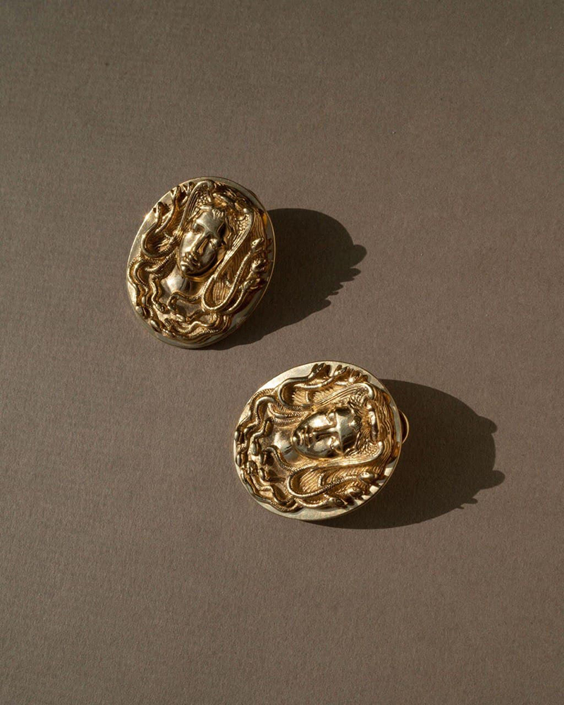 Gold-Plated Medusa Gorgon Head Shields Ear Clips