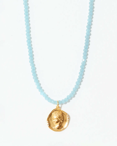 Hermes Pendant on a Blue Crystal Necklace
