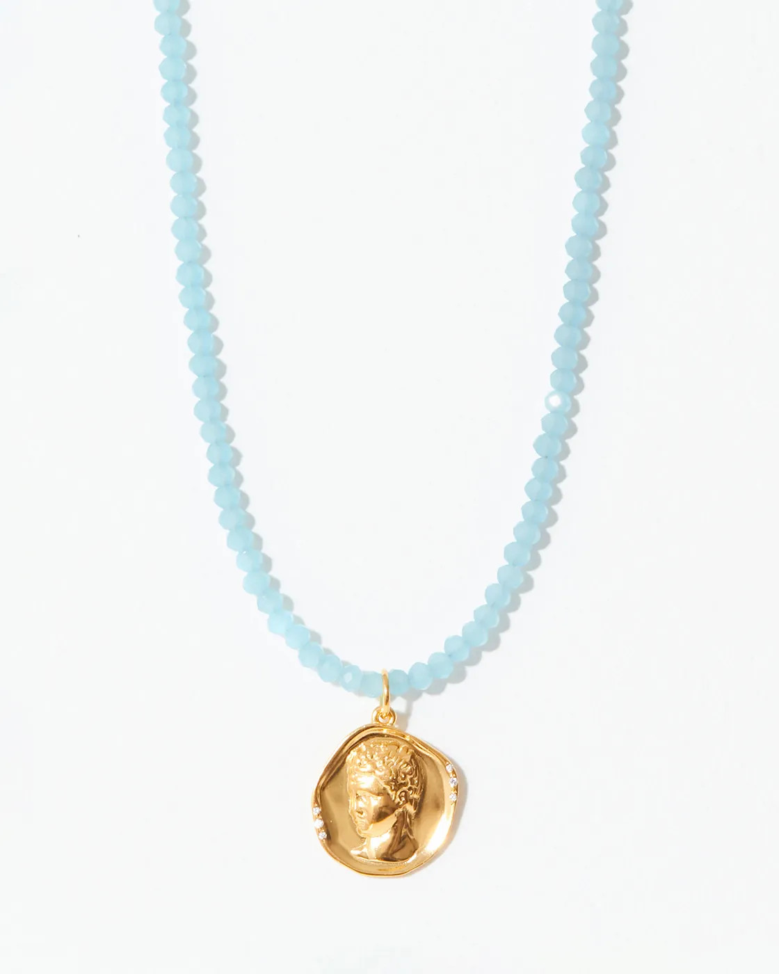 Hermes Pendant on a Blue Crystal Necklace