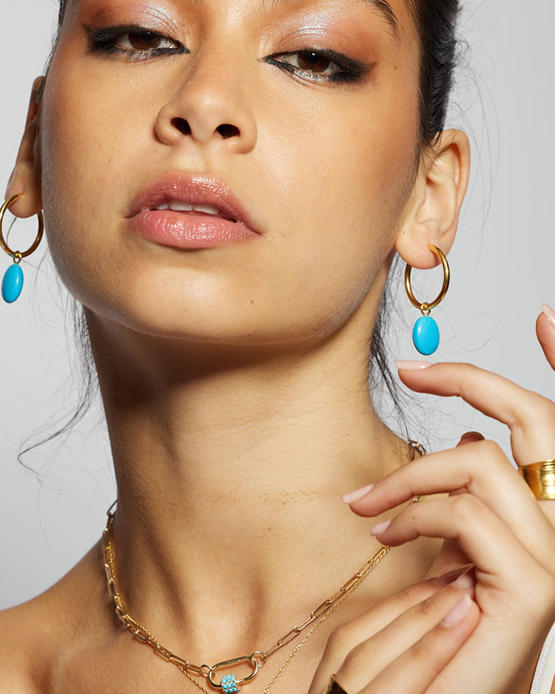 Gold Hoop Earrings with Turquoise Charm