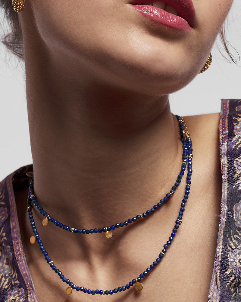 Lapis Lazuli Reversible Beaded Necklace with Gold Discs