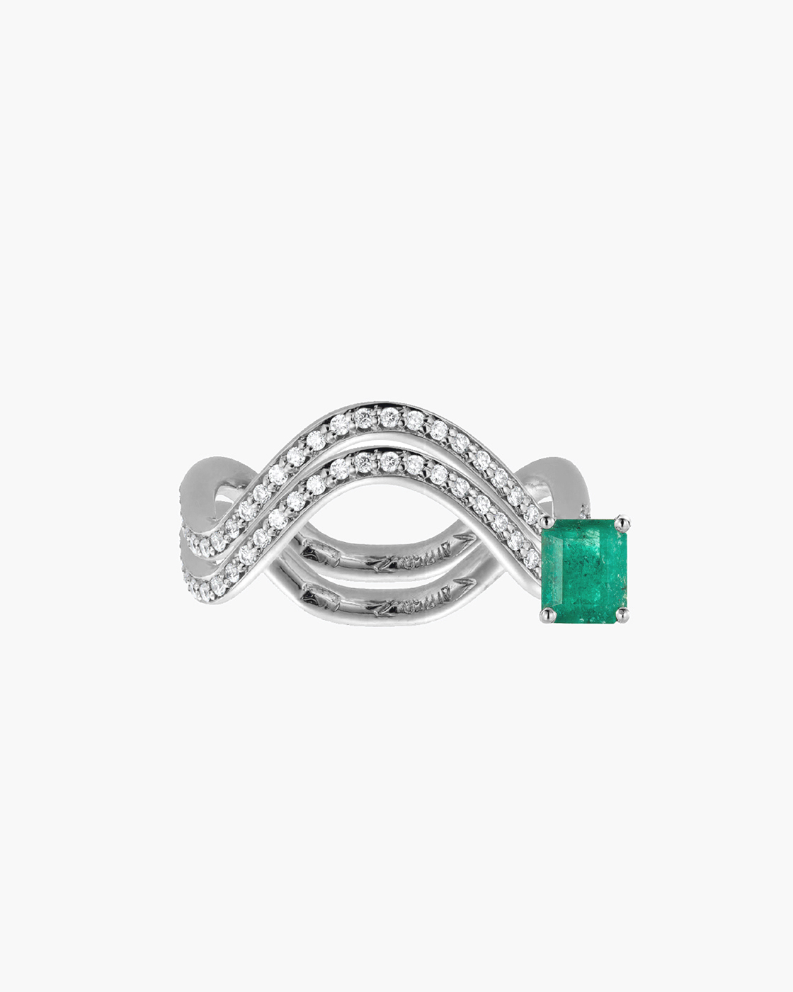 Double Petite Comete White Gold Emerald And Diamond Ring