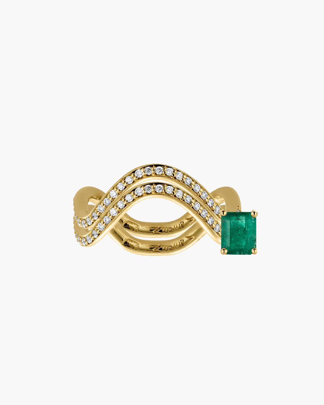 Double Petite Comete Yellow Gold Emerald And Diamond Ring