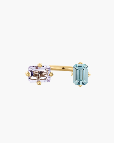 Double Octogone Gold Purple Amethyst & Aquamarine Ring