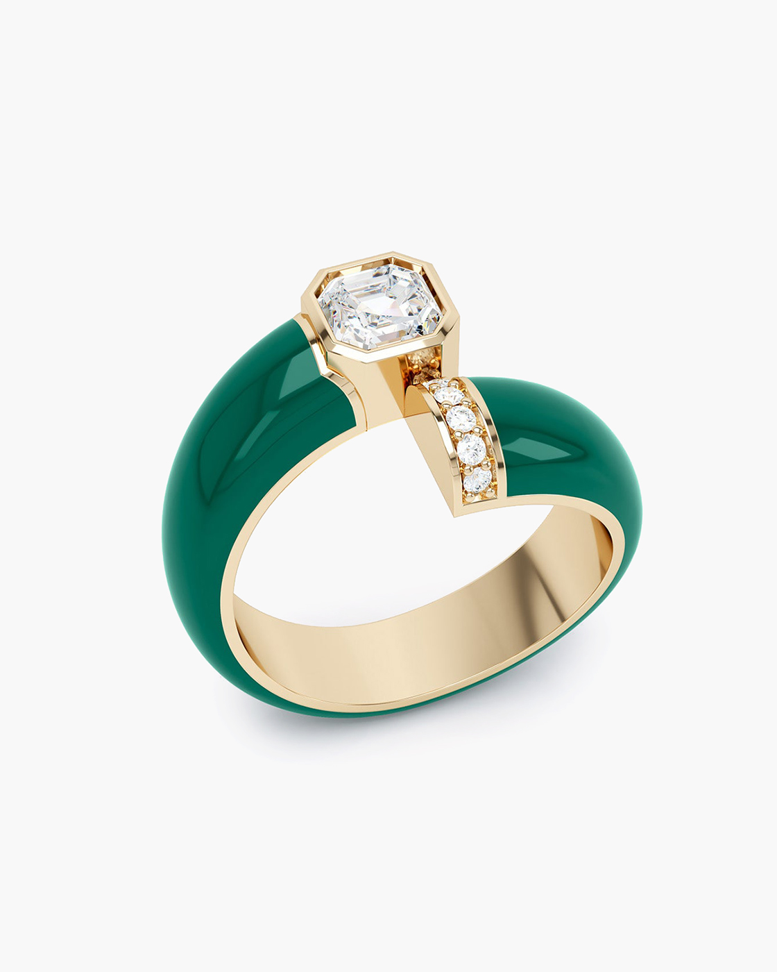 Toi Et Moi Green Enamel Yellow Gold Asscher Diamond Ring