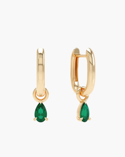 Polished Yellow Gold Huggies With Emerald Drop