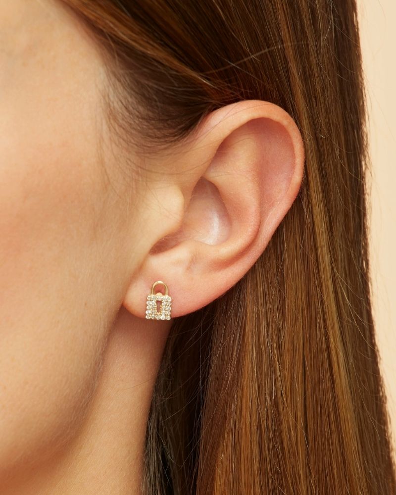 Diamond Pave Lock & Key Gold Stud Earrings