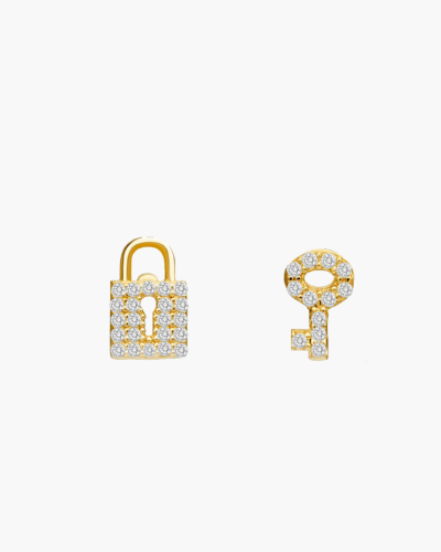 Diamant-Pavee-Schloss- und Schlüssel-Goldstecker-Ohrringe