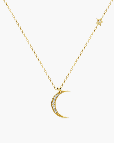 Diamond Crescent Moon And Star Gold Necklace